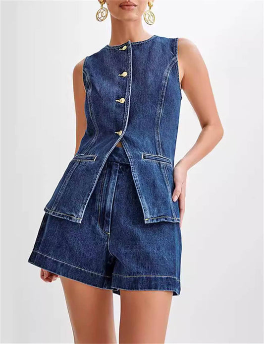 Ladies Denim Sleeveless Tank Top and Shorts Sets