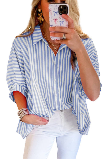 Stripe Dolman Sleeve Oversize Shirt: Sky Blue Stripe
