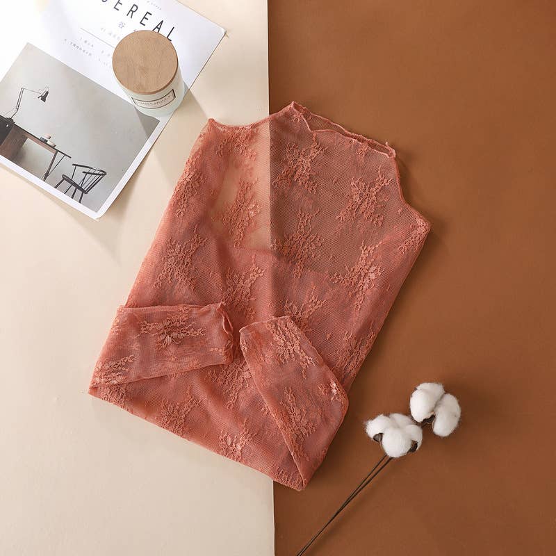 Semi Sheer Mesh Floral Lace Layering Top: Caramel