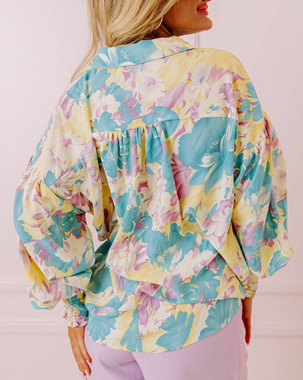 Floral Shirred Cuff Oversized Shirt: Yellow