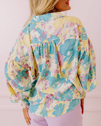 Floral Shirred Cuff Oversized Shirt: Yellow