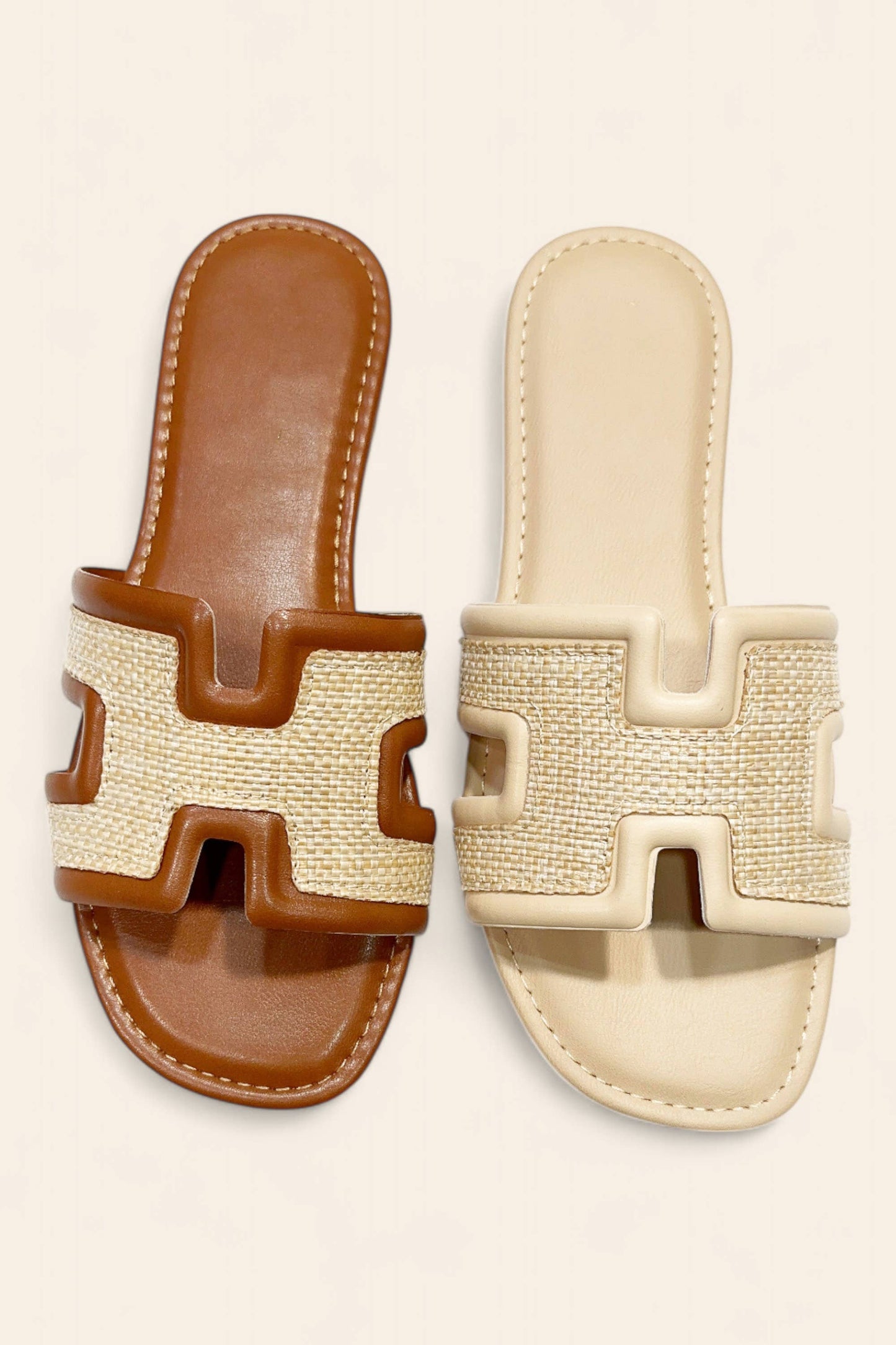 H-SHAPED CUTOUT WOVEN UPPER SLIDE SANDAL: CHESTNUT