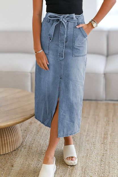 Denim Belted Slit Midi Skirt: Dusk Blue