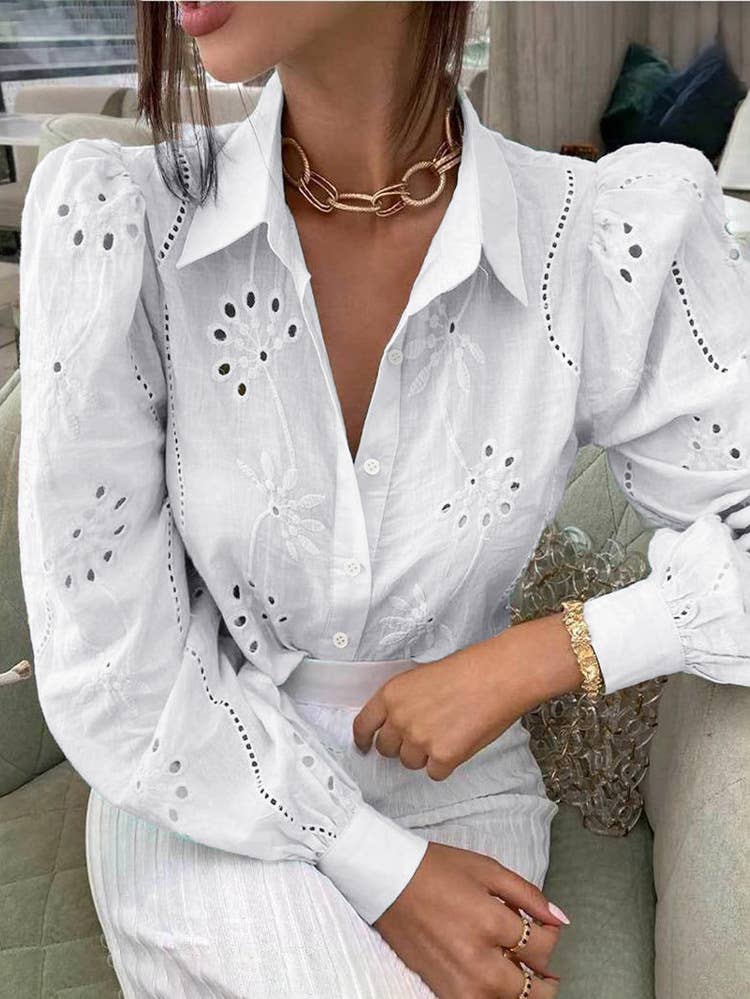 Lace Bubble Sleeve Button Up - White