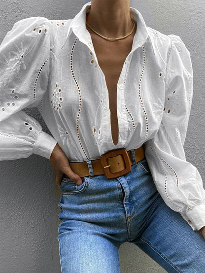 Lace Bubble Sleeve Button Up - White