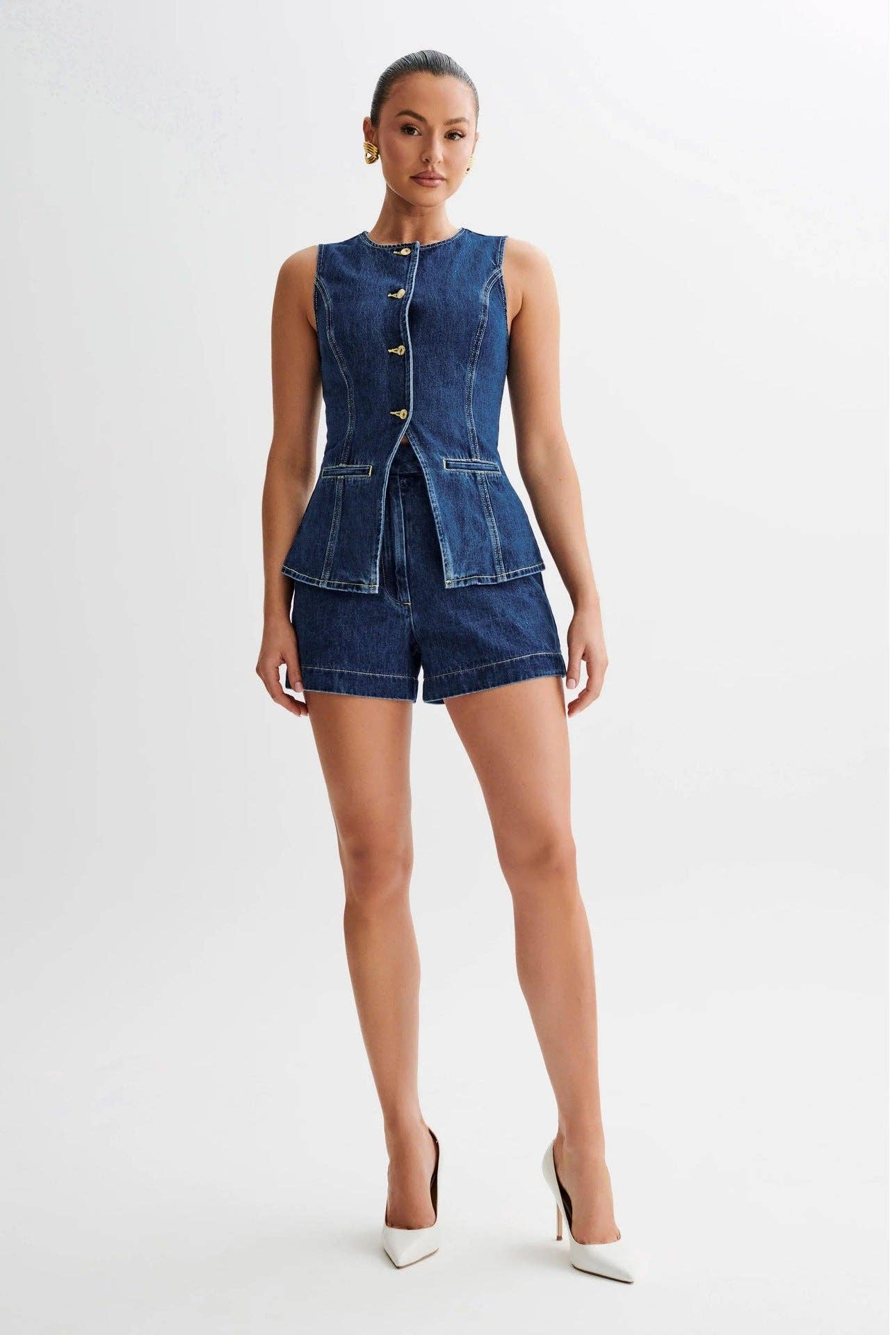 Ladies Denim Sleeveless Tank Top and Shorts Sets