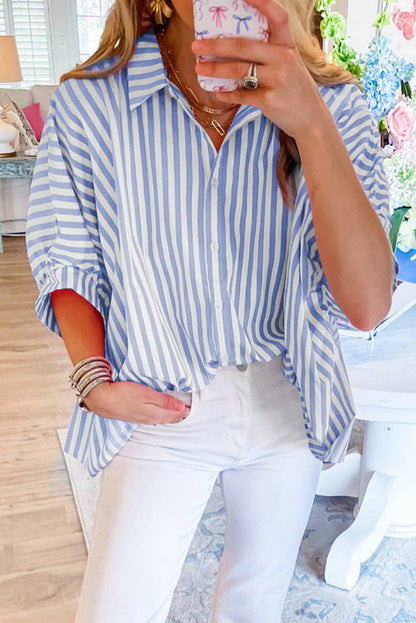 Stripe Dolman Sleeve Oversize Shirt: Sky Blue Stripe