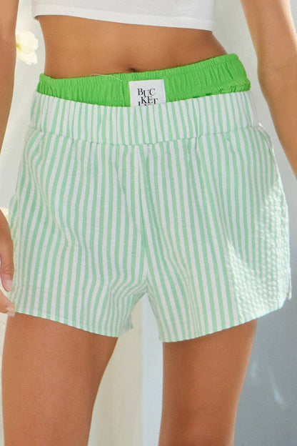 Waist Double Elastic Banded Boxer Stripe Shorts : Sage