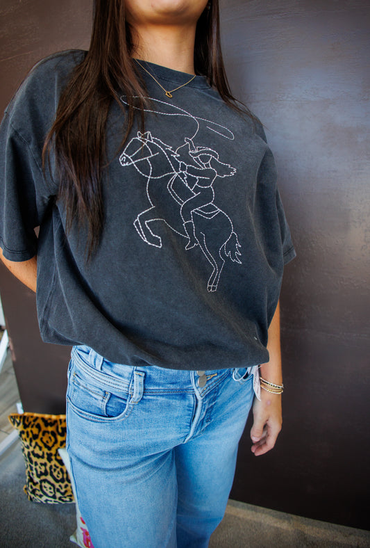 Washed Tee With Western Line Stitch