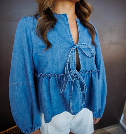 Ruffle Hem Tie Denim Top