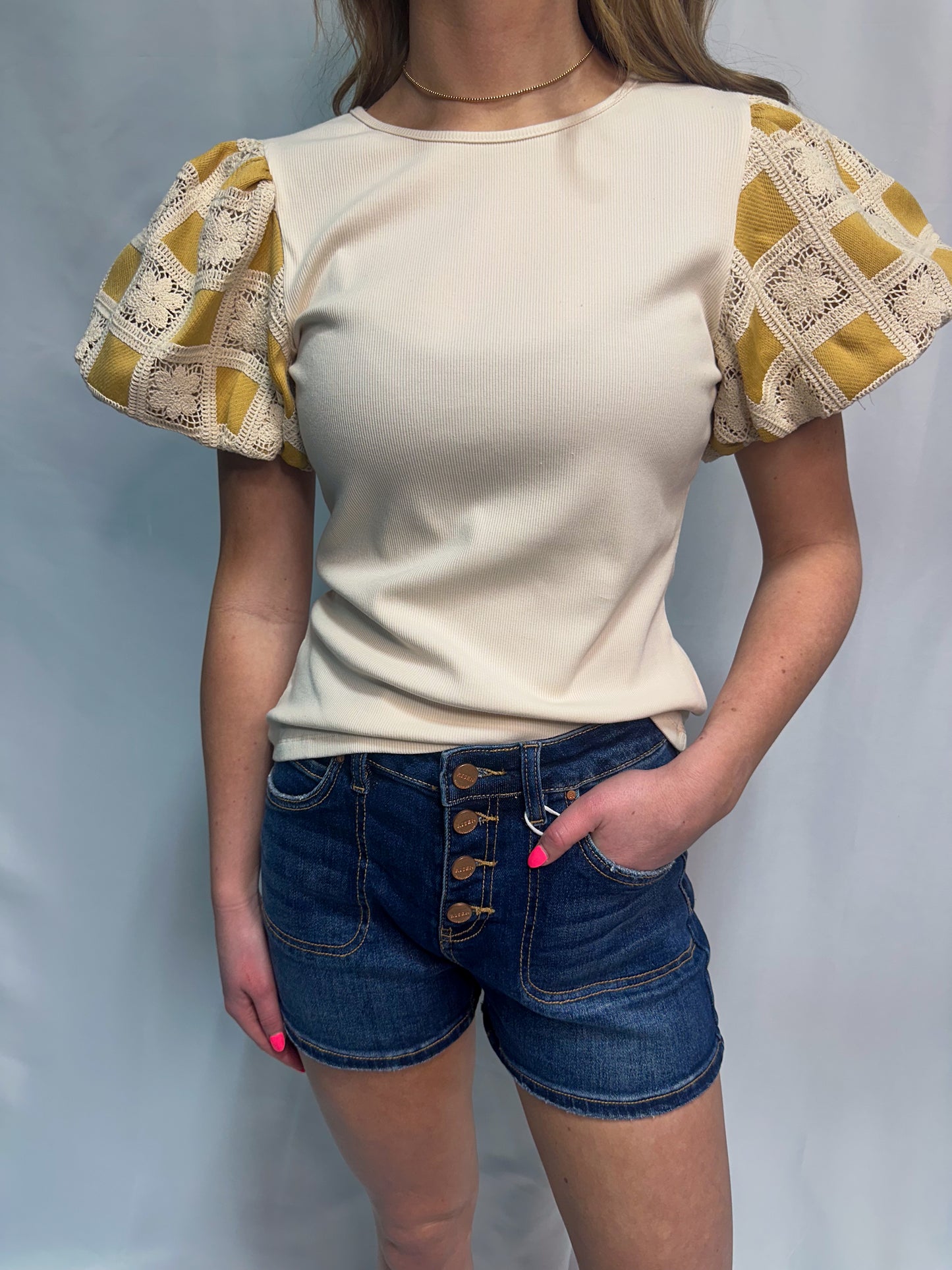 Mustard Quilt Puff Sleeve Top